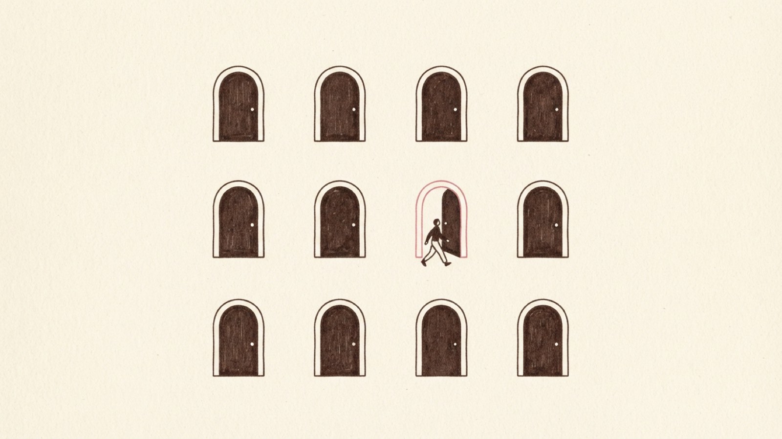 Minimal editorial illustration of twelve small doorways arranged in a grid, one propped open with a figure mid-step, dark ink line art on cream paper