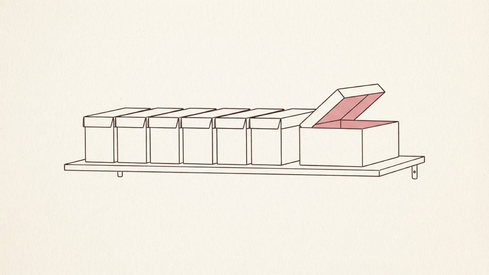 Minimal editorial illustration of a small shelf of identical boxes with one subtly highlighted, dark ink line art on cream paper