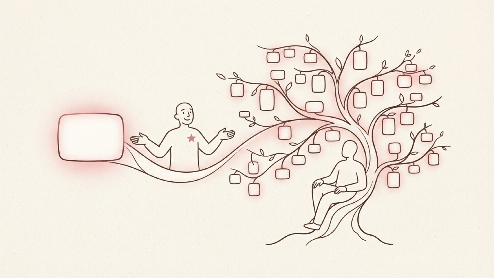 Minimal editorial illustration of a single prompt box growing into a tutor persona and a branching study plan, dark ink line art on cream paper