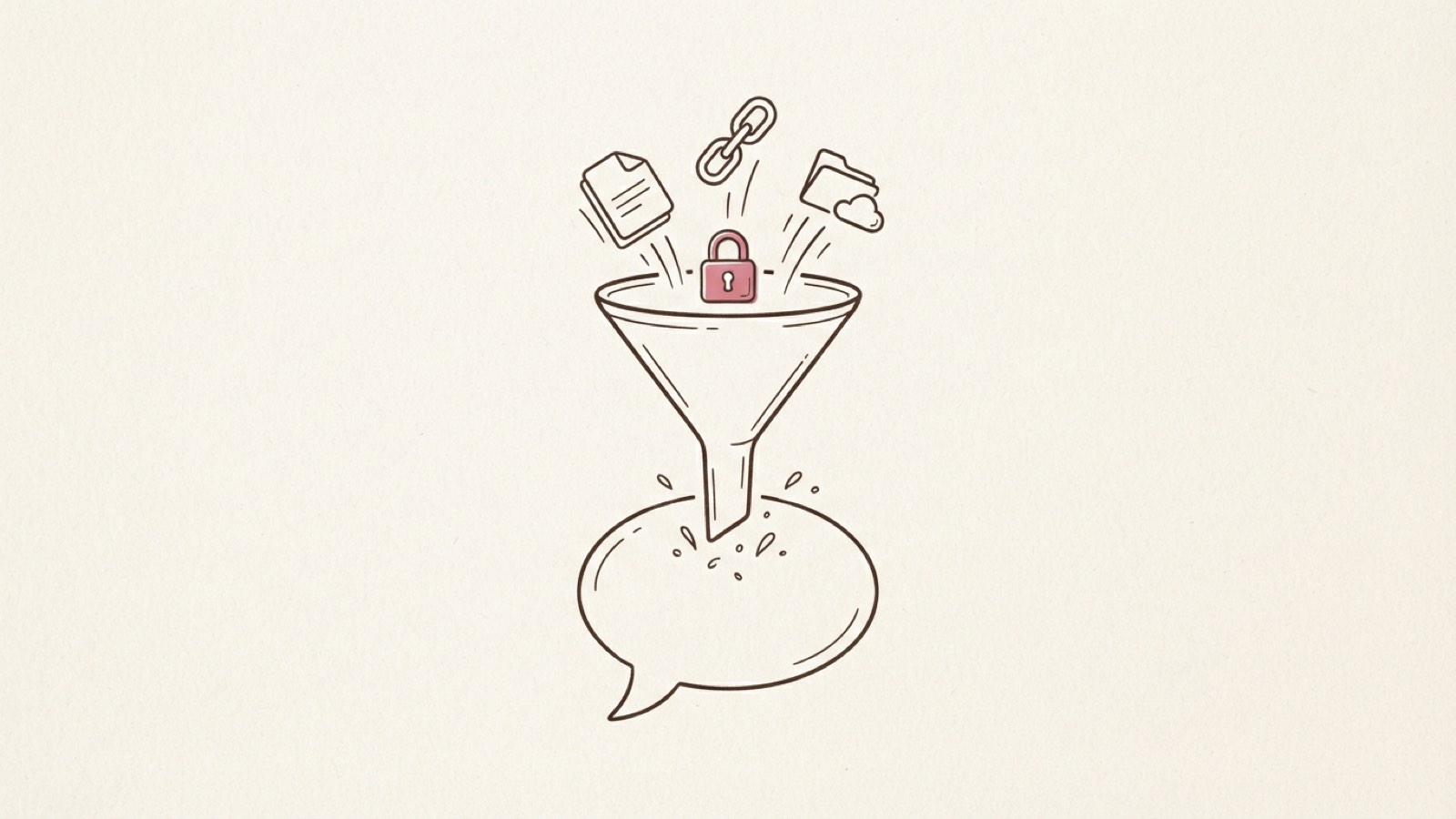 Minimal editorial illustration of a document, a chain link, and a cloud folder feeding into a single funnel that becomes a tutor's speech bubble, dark ink line art on cream paper
