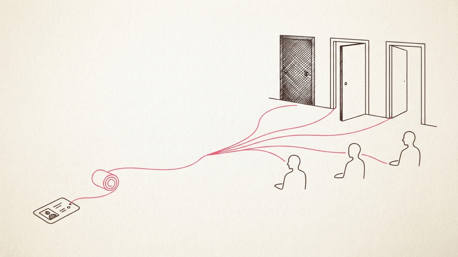 Minimal editorial illustration of a single link unspooling from a tutor persona card out into several small reader icons, dark ink line art on cream paper