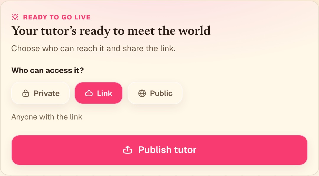 The publish finale panel with a live share link, shown right after publishing