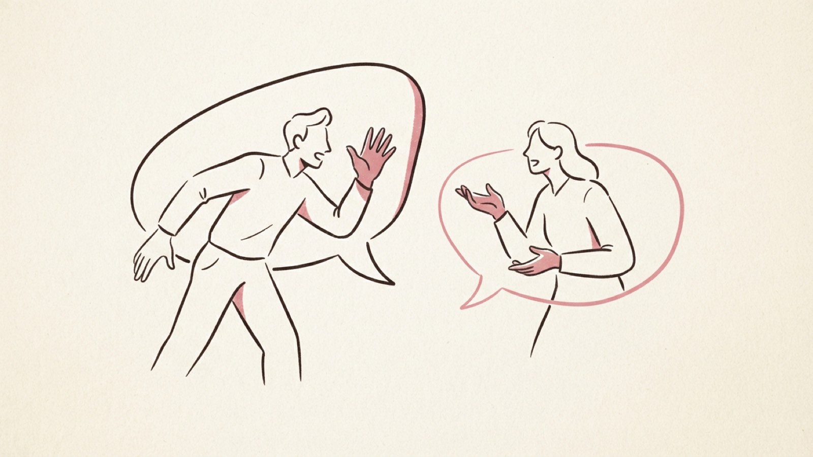 Minimal editorial illustration of two facing speech-bubble figures mid practice exchange, dark ink line art on cream paper