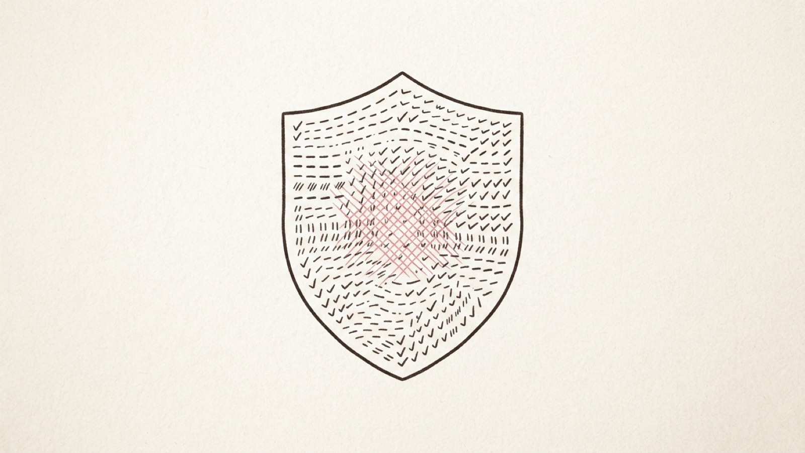 Minimal editorial illustration of a shield made of small repeated practice reps instead of one large solid block, dark ink line art on cream paper