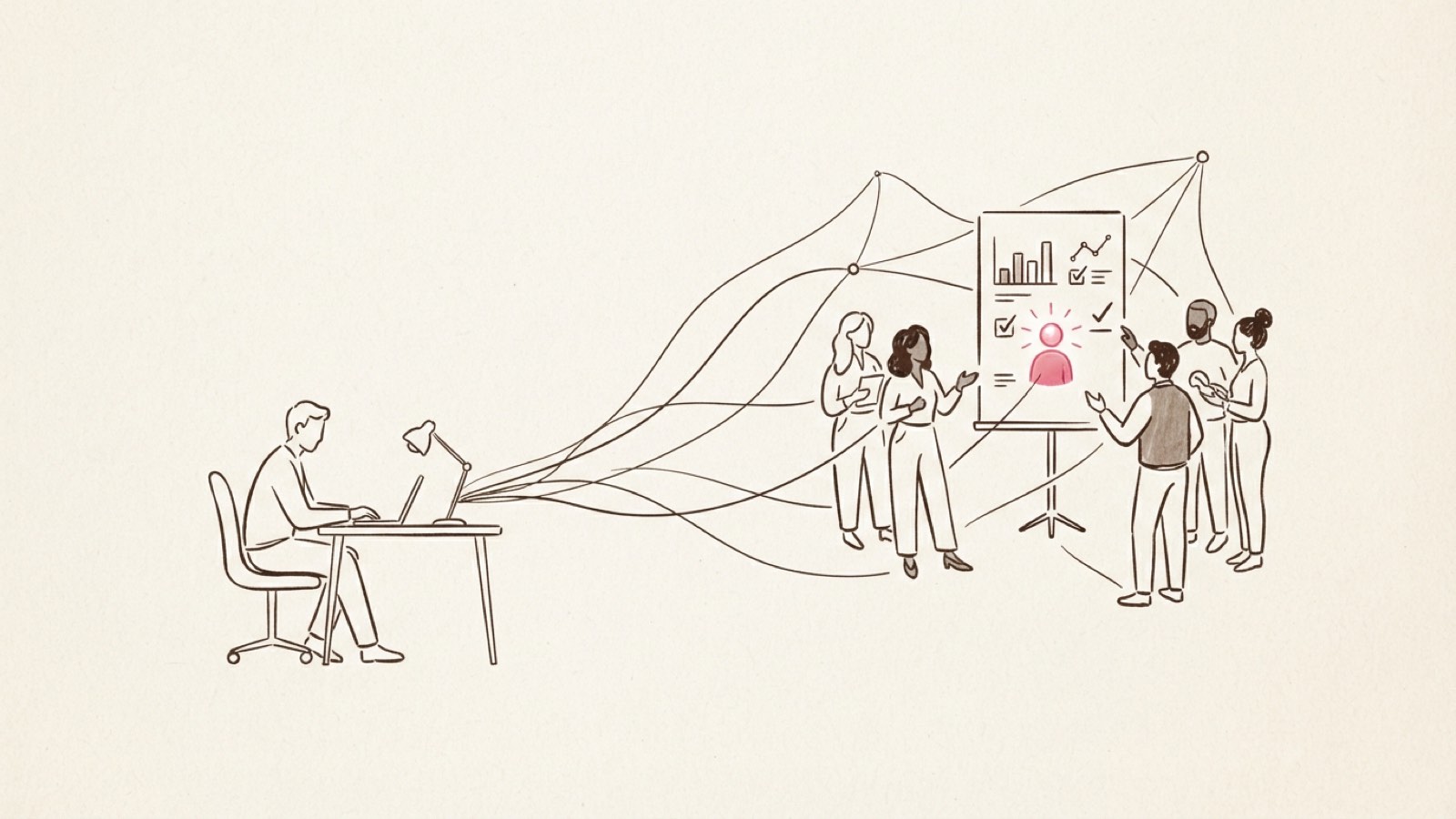 Minimal editorial illustration of a single figure joined by several smaller connected figures around a shared dashboard, dark ink line art on cream paper