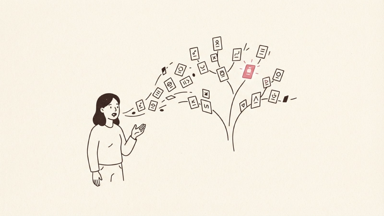 Minimal editorial illustration of a person speaking with their words flowing into a small tree of structured cards, dark ink line art on cream paper