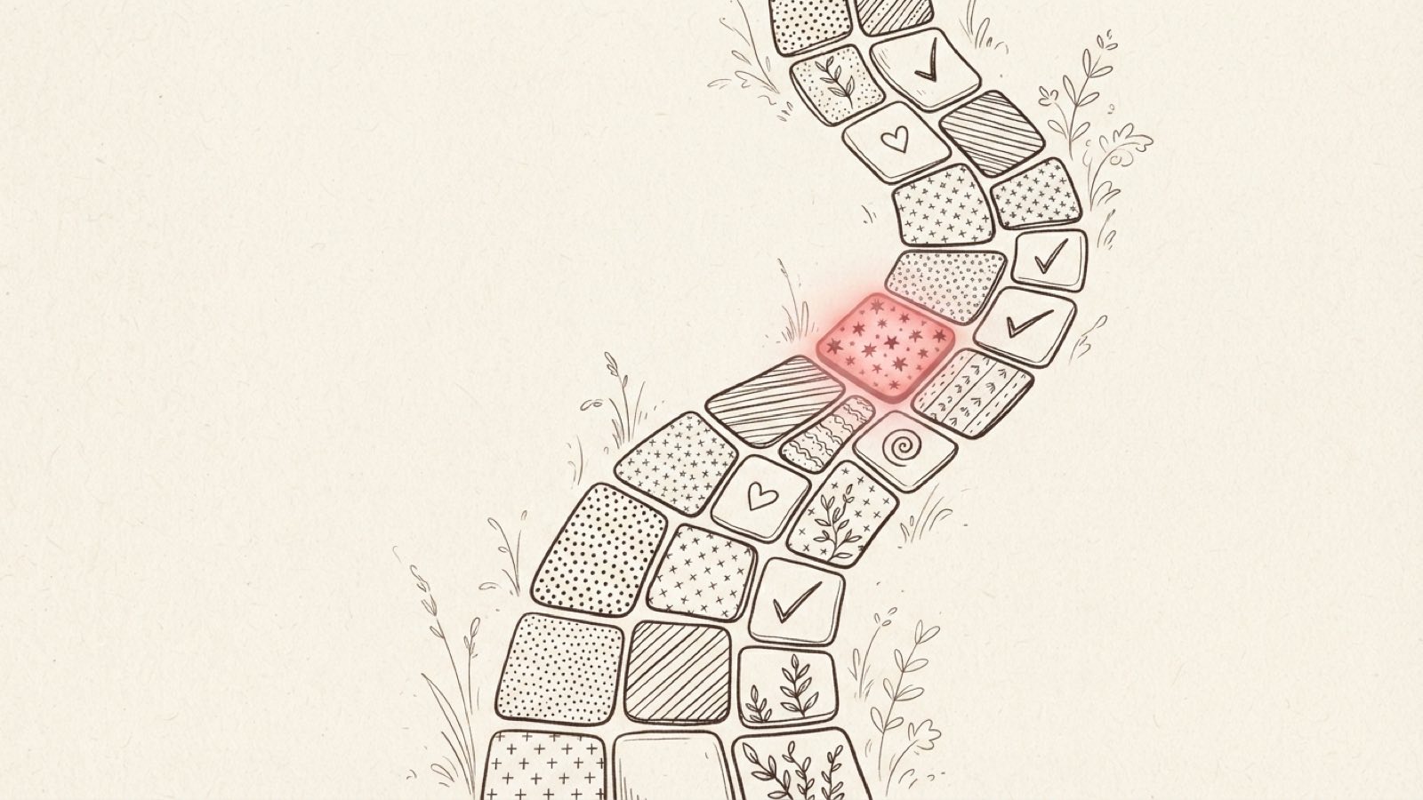Minimal editorial illustration of a winding path made of small varied panels, dark ink line art on cream paper