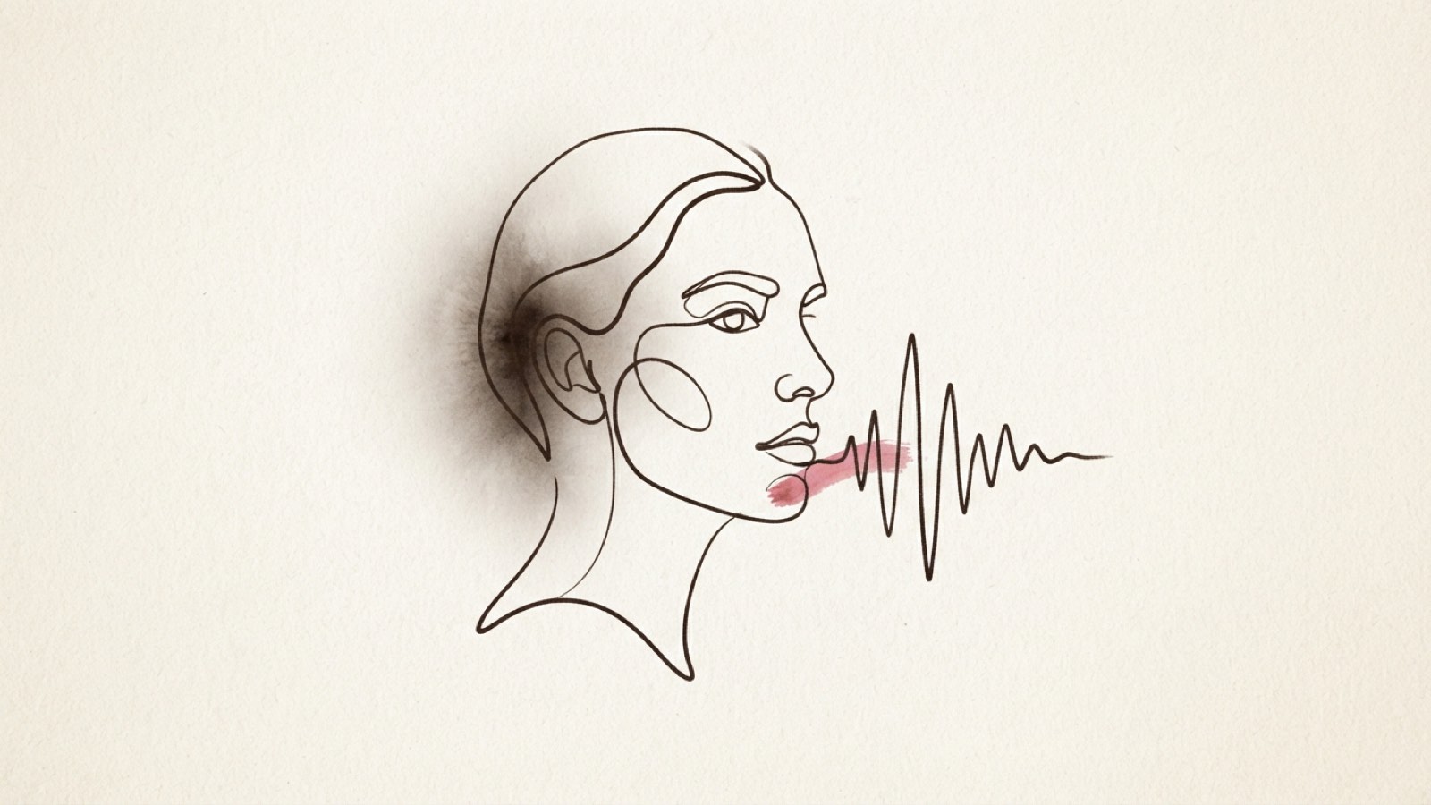 Minimal editorial illustration of a single portrait face with a sound wave forming its outline, dark ink line art on cream paper