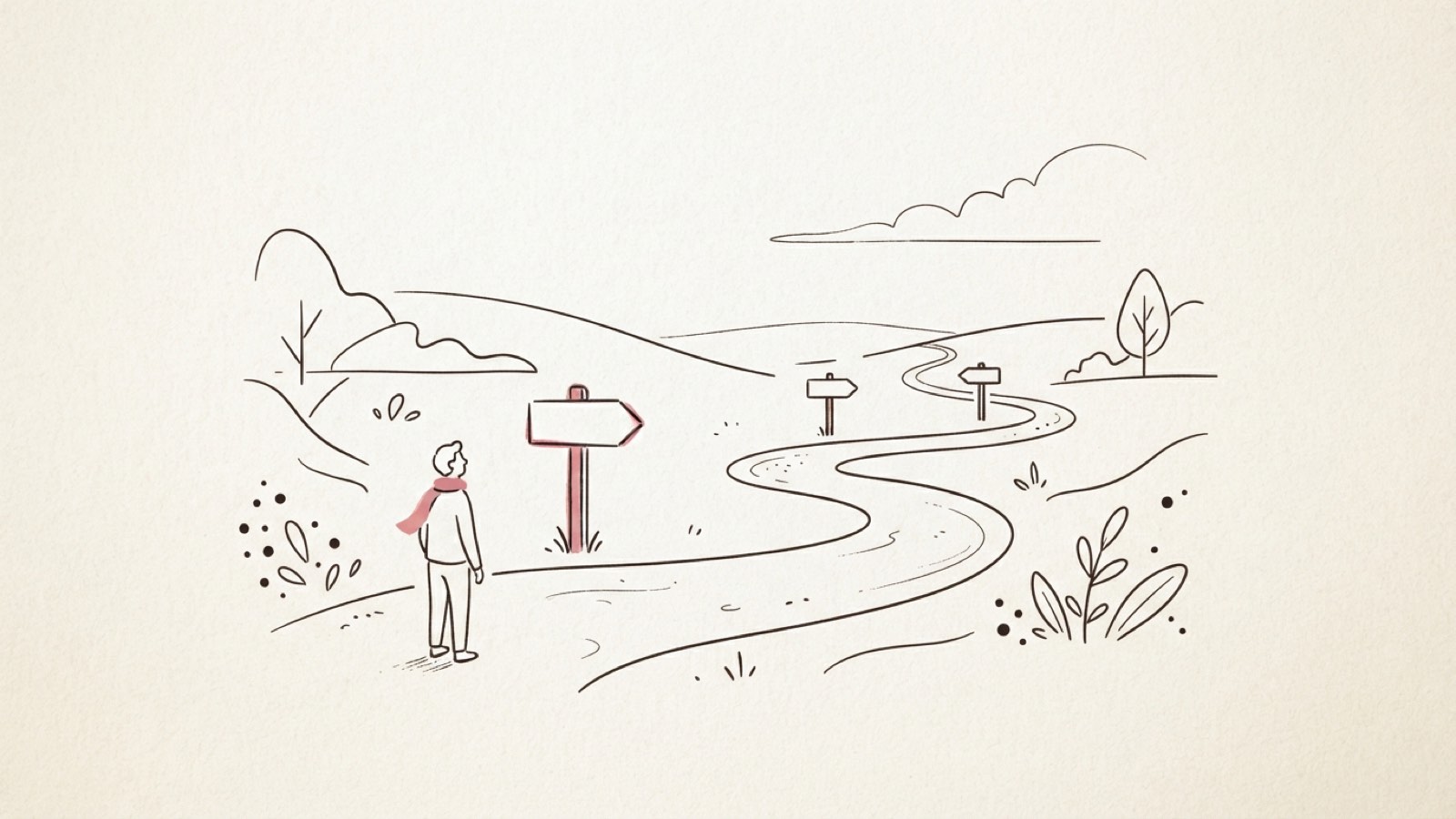 Minimal editorial illustration of a single figure on a small path with three signposts ahead, dark ink line art on cream paper